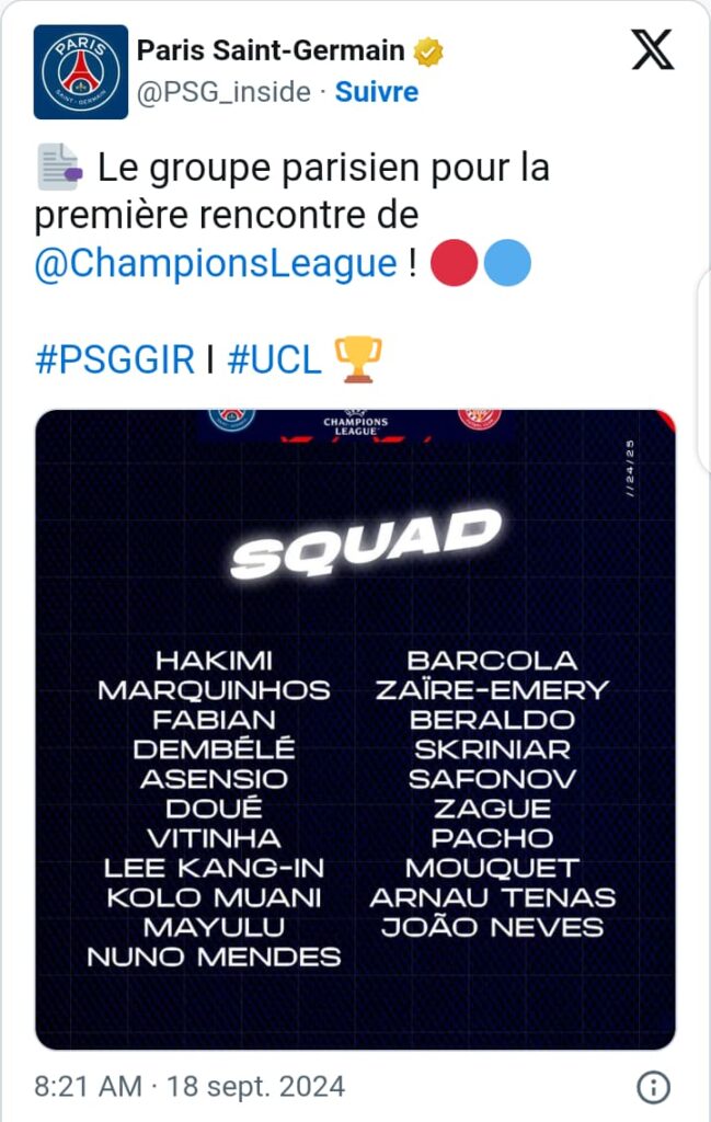 Composition de l'équipe du PSG pour son premier match en ligue des Champions 24/25